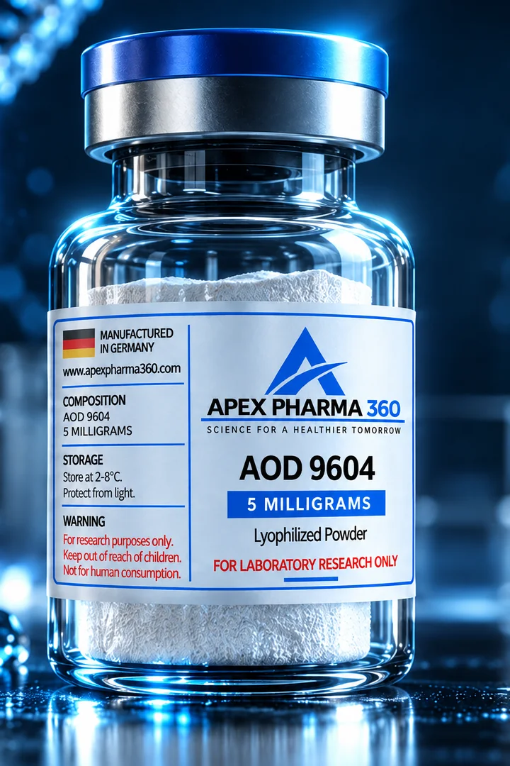 Apex Pharma 360® educational vial visualization labeled AOD 9604