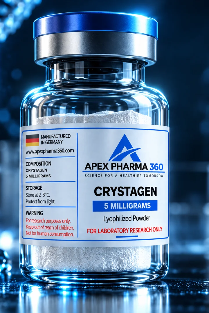 Apex Pharma 360® educational vial visualization labeled Crystagen