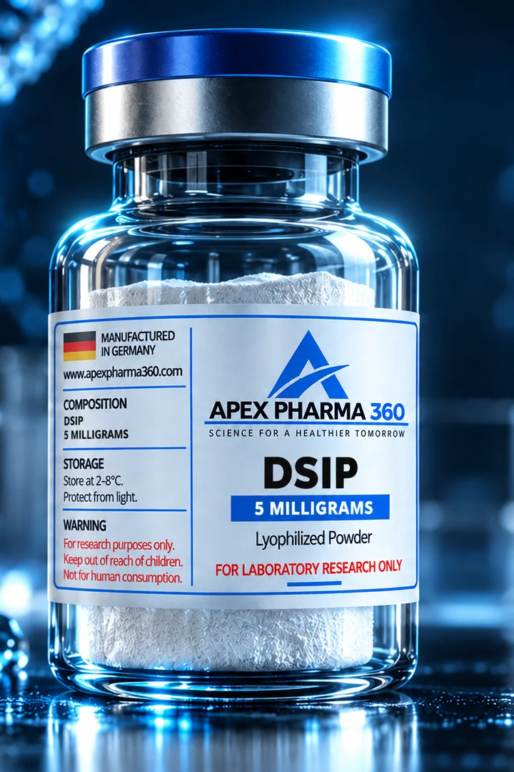 Apex Pharma 360® educational vial visualization labeled DSIP (Delta Sleep-Inducing Peptide)