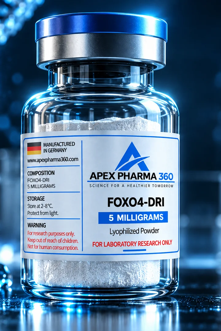 Apex Pharma 360® educational vial visualization labeled FOXO4-DRI (Proxofim)