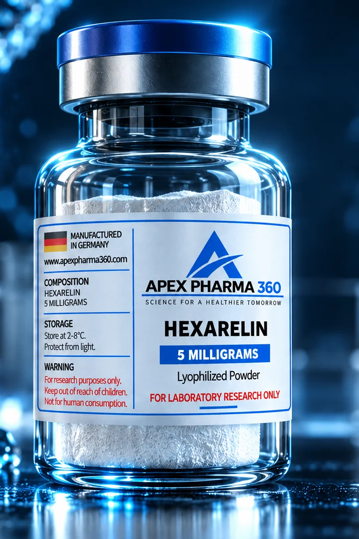 Apex Pharma 360® educational vial visualization labeled Hexarelin