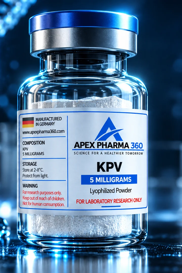 Apex Pharma 360® educational vial visualization labeled KPV (Lys-Pro-Val)
