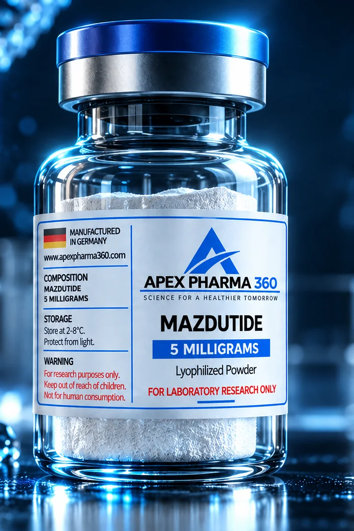 Apex Pharma 360® educational vial visualization labeled Mazdutide