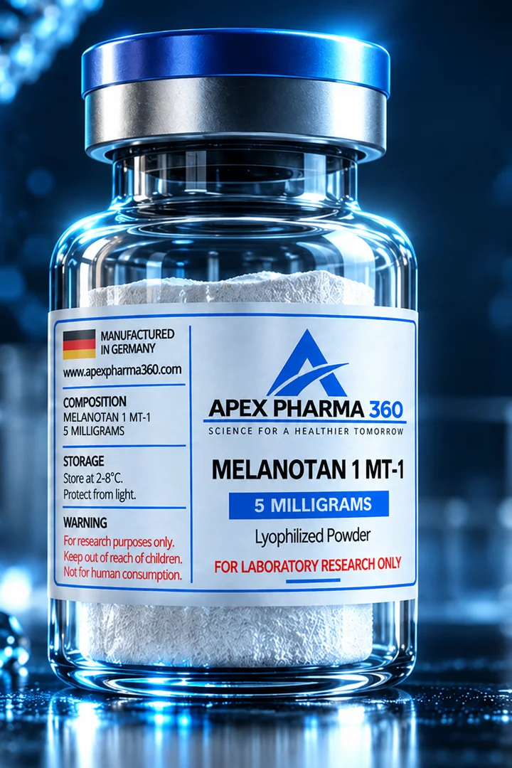 Apex Pharma 360® educational vial visualization labeled Melanotan 1 (MT-1)