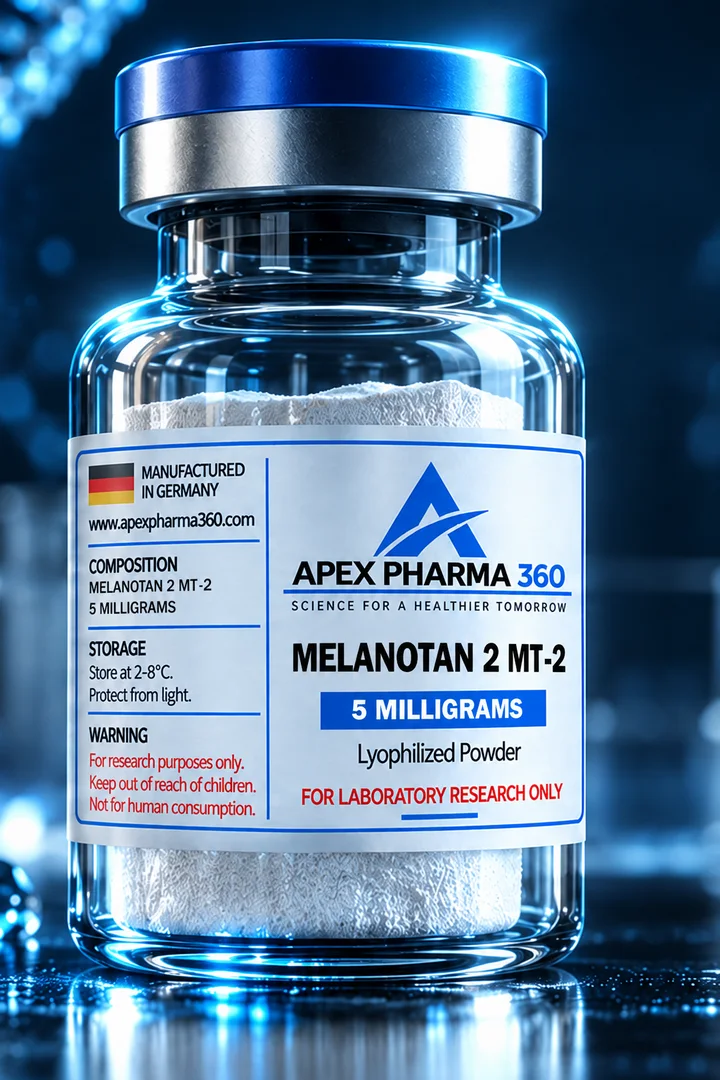 Apex Pharma 360® educational vial visualization labeled Melanotan 2 (MT-2)
