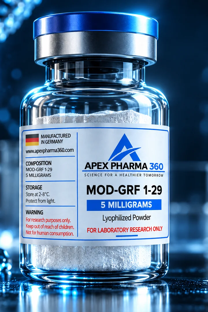 Apex Pharma 360® educational vial visualization labeled Mod-GRF (1-29)