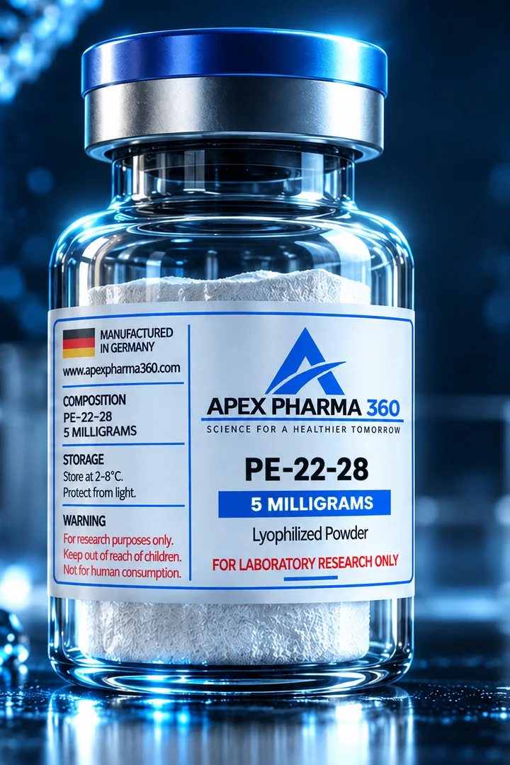 Apex Pharma 360® educational vial visualization labeled PE-22-28