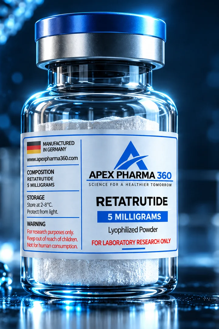 Apex Pharma 360® educational vial visualization labeled Retatrutide