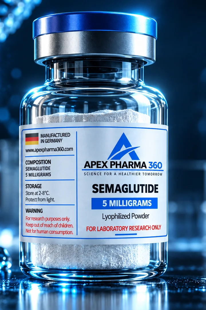Apex Pharma 360® educational vial visualization labeled Semaglutide
