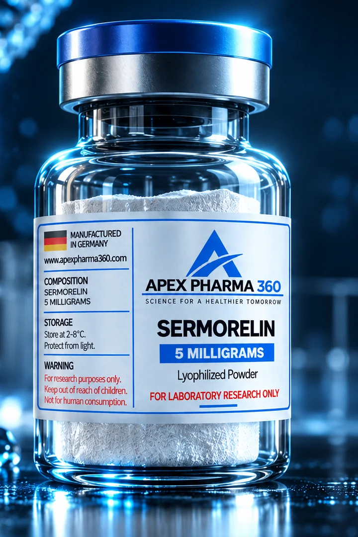 Apex Pharma 360® educational vial visualization labeled Sermorelin
