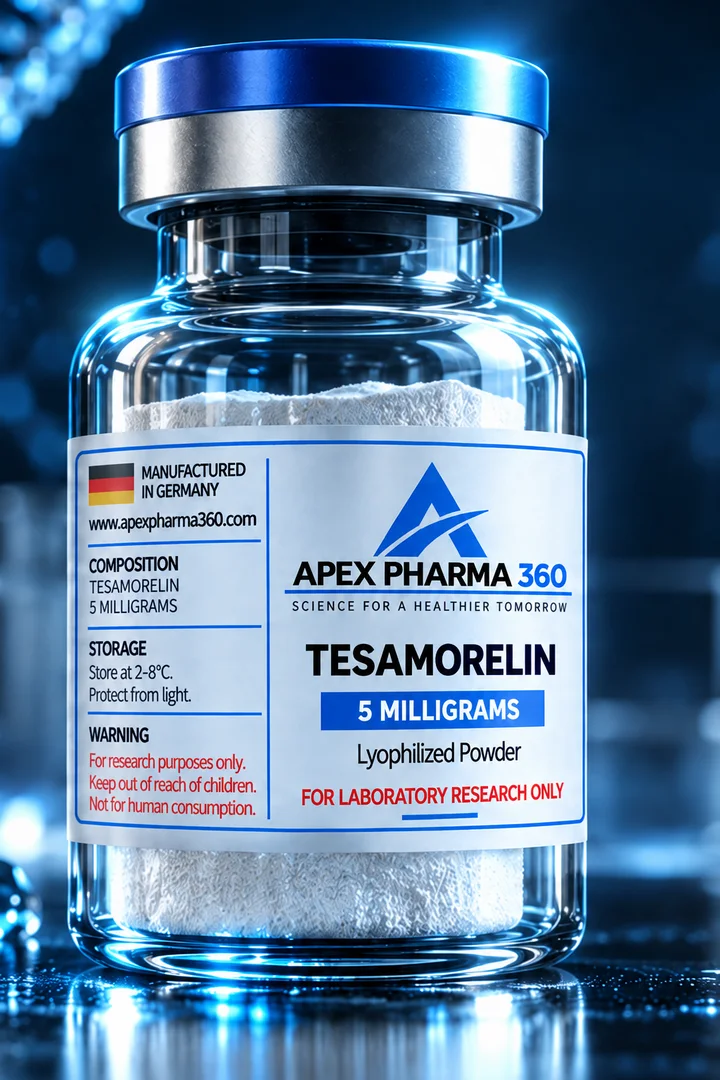 Apex Pharma 360® educational vial visualization labeled Tesamorelin